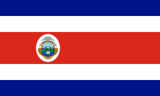 The flag of Costa Rica is composed of five horizontal bands of blue, white, red, white and blue. The central red band is twice the height of the other four bands. The national coat of arms is placed in a white elliptical disk toward the hoist side of the red band.
