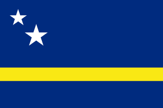 The flag of Curaçao shows a blue field, on which a horizontal yellow band below the center divides the flag. Two five-pointed white stars, the smaller above and to the left of the larger, appear in the canton.