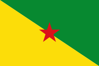 The flag of French Guiana divides diagonally with green in the upper fly and yellow in the lower hoist and bears a red five-pointed star in the center.