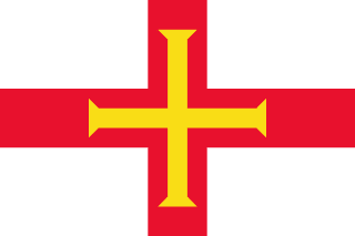 The flag of Guernsey is white with a red cross extending to the edges. Superimposed on it is a gold equal-armed cross capped with serifs.
