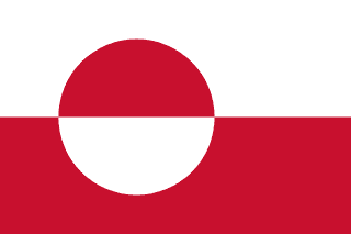 The flag of Greenland has two equal horizontal bands of white and red, with a large disk slightly to the hoist side of center. The top half of the disk is red, and the bottom half is white.
