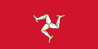 The flag of the Isle of Man is red with an emblem comprising three legs (triskelion) in the center. The three legs are joined at the thigh and bent at the knee.