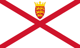 The flag of Jersey is white with a diagonal red cross extending to the corners of the flag. A red shield with three lions in yellow is in the upper quadrant, with a yellow crown above.