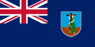 The flag of Montserrat is blue with the UK flag in the canton and the national coat of arms centered in the fly half. The coat of arms shows a woman in a green dress standing beside a yellow harp and embracing a large dark cross with her right arm.