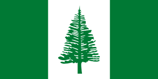 The flag of Norfolk Island has three vertical bands of green, white, and green, with a large green native pine tree centered in the white band.