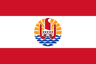 The flag of French Polynesia has two red horizontal bands flanking a wide white band in a 1:2:1 ratio. Centered on the white band is a disk with a blue-and-white wave pattern depicting the sea on the lower half and a gold-and-white ray pattern depicting the sun on the upper half. A canoe on the disk has a crew of five.