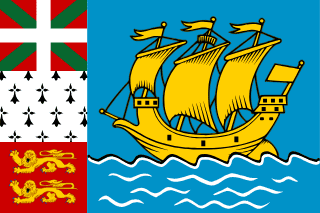 The flag of Saint Pierre and Miquelon features a yellow three-masted sailing ship facing the hoist side riding on a blue background with wavy white lines. A black-over-white wavy line divides the ship from the white wavy lines. On the hoist side, a vertical band is divided into three heraldic arms: the top is red with a green diagonal cross extending to the corners and overlaid with a white cross, the middle is white with an ermine pattern, and the bottom is red with two yellow lions outlined in black.