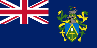 The flag of the Pitcairn Islands is blue with the UK flag in the canton and the national coat of arms centered on the fly half. The coat of arms has a light-blue shield with a green field which features a yellow anchor with a Bible over it. A wheelbarrow is on the crest, with a flowering twig of miro, a local plant.
