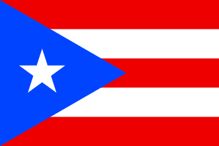 The flag of Puerto Rico has five equal horizontal bands of red alternating with white. A blue isosceles triangle based on the hoist side has a large five-pointed white star in the center.