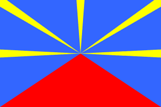 The flag of Réunion has a blue field, with a red triangle spanning the bottom and extending to the center, as well as five yellow beams emanating from the center, spread equally apart.