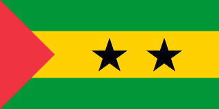 The flag of São Tomé and Príncipe has three horizontal bands of green, yellow (double-width), and green, with two black five-pointed stars in the center of the yellow band and a red isosceles triangle based on the hoist side.