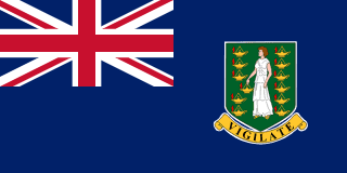 The flag of the British Virgin Islands is blue with the UK flag in the canton and the national coat of arms centered in the fly half. The coat of arms depicts a woman flanked by vertical columns of six oil lamps above a scroll bearing the Latin word "VIGILATE" (Be Watchful).