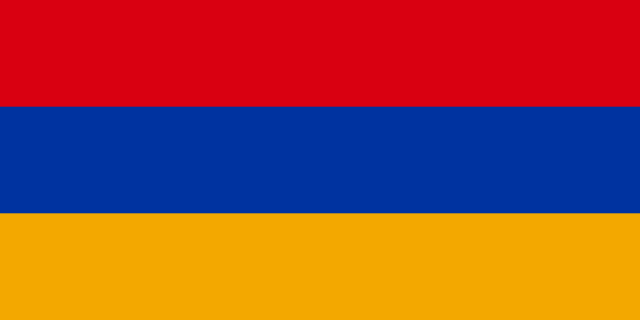 The flag of Armenia is composed of three equal horizontal bands of red, blue and orange.
