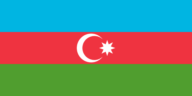 The flag of Azerbaijan features three equal horizontal bands of blue, red and green, with a white fly-side facing crescent and eight-pointed star centered in the red band.