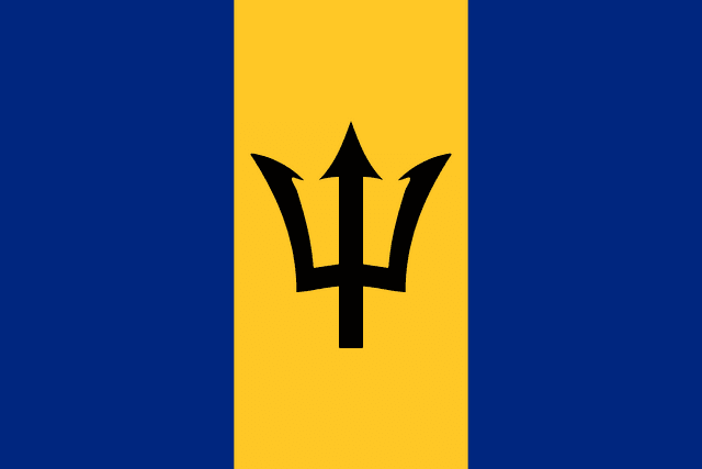 The flag of Barbados is composed of three equal vertical bands of ultramarine, gold and ultramarine. The head of a black trident is centered in the gold band.