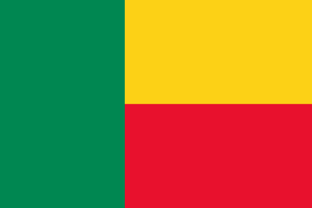The flag of Benin features a green vertical band on its hoist side that takes up about two-fifth the width of the field and two equal horizontal bands of yellow and red adjoining the vertical band.