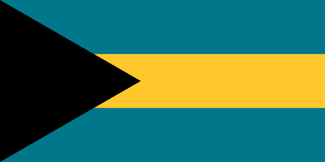The flag of the Bahamas is composed of three equal horizontal bands of aquamarine, yellow and aquamarine, with a black equilateral triangle superimposed on the hoist side of the field. This triangle has its base on the hoist end and spans about one-third the width of the field.