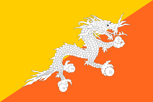 The flag of Bhutan is divided diagonally, from the lower hoist-side corner to the upper fly-side corner, into an upper yellow and a lower orange triangle. A fly-side facing white dragon holding four jewels in its claws is situated along the boundary of the two triangles.