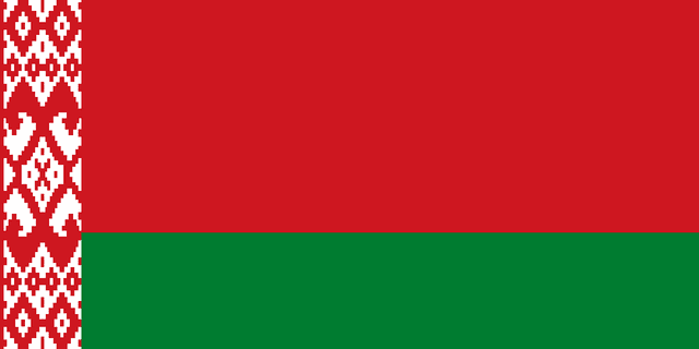 The flag of Belarus features a vertical band, with a white and red ornamental pattern, spanning about one-fifth the width of the field on the hoist side. Adjoining the vertical band are two horizontal bands of red and green, with the red band twice the height of the green band.