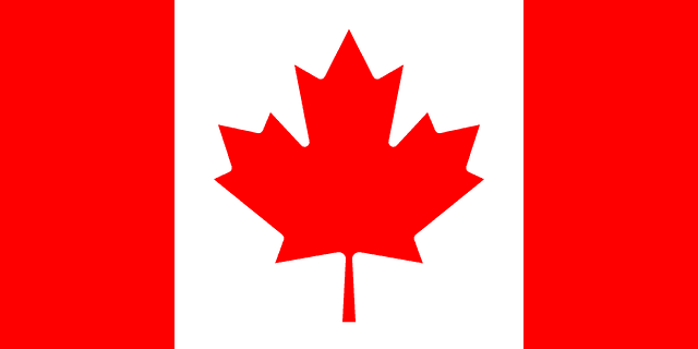 The flag of Canada is composed of a red vertical band on the hoist and fly sides and a central white square that is twice the width of the vertical bands. A large eleven-pointed red maple leaf is centered in the white square.