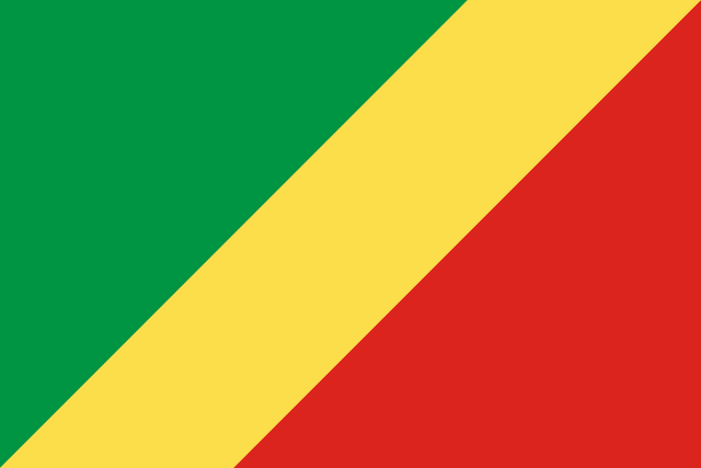 The flag of the Republic of the Congo features a yellow diagonal band that extends from the lower hoist-side corner to the upper fly-side corner of the field. Above and beneath this band are a green and red triangle respectively.