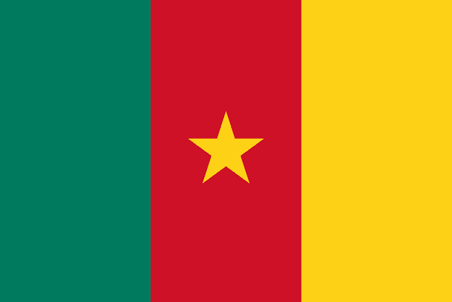 The flag of Cameroon is composed of three equal vertical bands of green, red and yellow, with a yellow five-pointed star in the center.