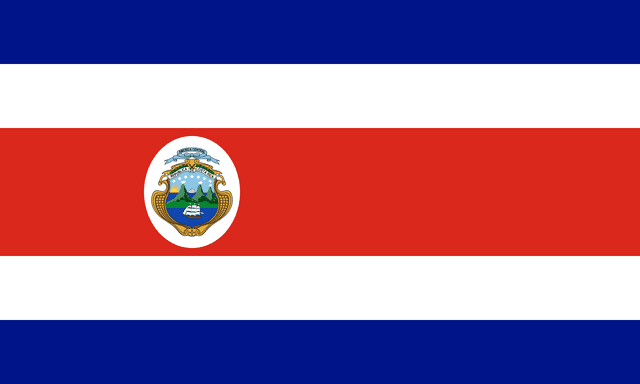 The flag of Costa Rica is composed of five horizontal bands of blue, white, red, white and blue. The central red band is twice the height of the other four bands.