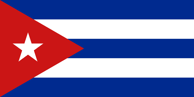 The flag of Cuba is composed of five equal horizontal bands of blue alternating with white and a red equilateral triangle superimposed on the hoist side of the field. The triangle has its base on the hoist end, spans about two-fifth the width of the field and bears a white five-pointed star at its center.