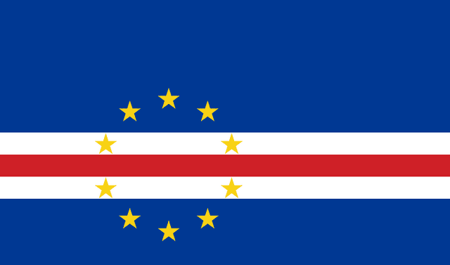 The flag of Cape Verde is composed of five horizontal bands of blue, white, red, white and blue in the ratio of 6:1:1:1:3. A ring of ten five-pointed yellow stars is centered at three-eighth of the height from the bottom edge and three-eighth of the width from the hoist end of the field.