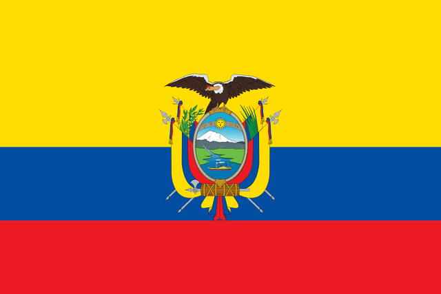 The flag of Ecuador is composed of the horizontal bands of yellow, blue and red, with the yellow band twice the height of the other two bands. The Ecuadorian coat of arms is superimposed in the center of the field.