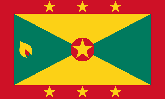 The flag of Grenada features a large central rectangular area surrounded by a red border, with three five-pointed yellow stars centered on the top and bottom borders. The central rectangle is divided diagonally into four alternating triangular areas of yellow at the top and bottom and green on the hoist and fly sides, and a five-pointed yellow star on a red circle is superimposed at its center. A symbolic nutmeg pod is situated on the green hoist-side triangle.
