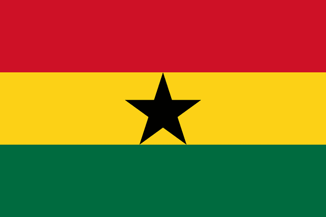 The flag of Ghana is composed of three equal horizontal bands of red, gold and green, with a five-pointed black star centered in the gold band.