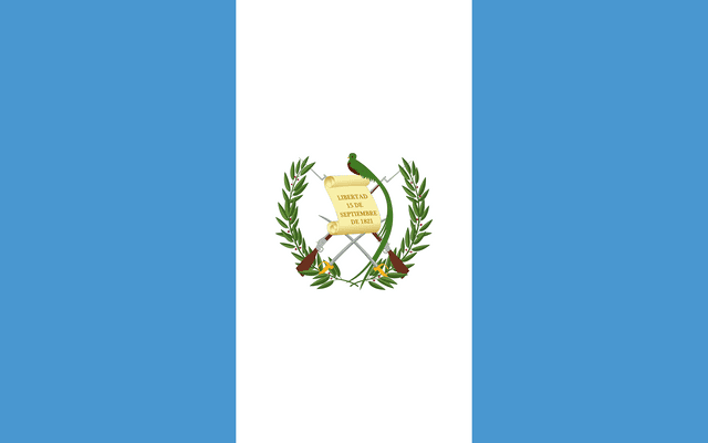 The flag of Guatemala is composed of three equal vertical bands of light blue, white and light blue, with the national coat of arms centered in the white band.