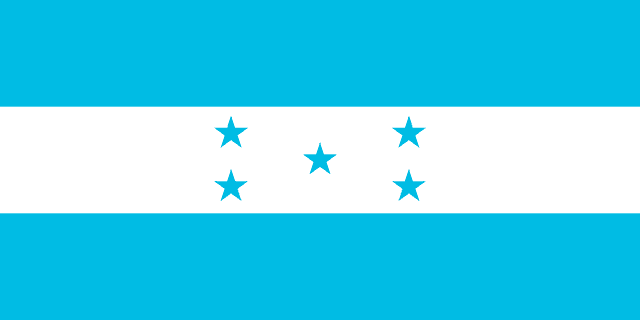 The flag of Honduras is composed of three equal horizontal bands of turquoise, white and turquoise, with five small five-pointed turquoise stars arranged in a quincuncial pattern at the center of the white band.