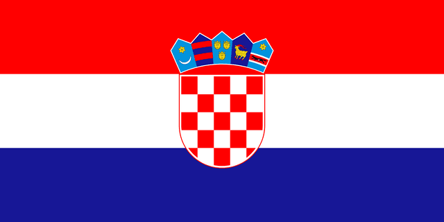 The flag of Croatia is composed of three equal horizontal bands of red, white and blue, with coat of arms of Croatia superimposed in the center.