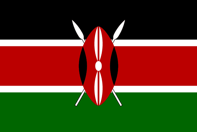 The flag of Kenya is composed of three equal horizontal bands of black, red with white top and bottom edges, and green. An emblem comprising a red, black and white Maasai shield covering two crossed white spears is superimposed at the center of the field.