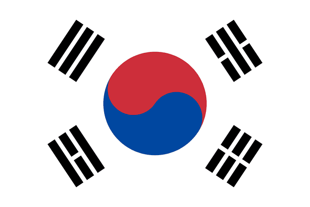 The flag of South Korea has a white field, at the center of which is a red and blue Taegeuk circle surrounded by four black trigrams, one in each corner.