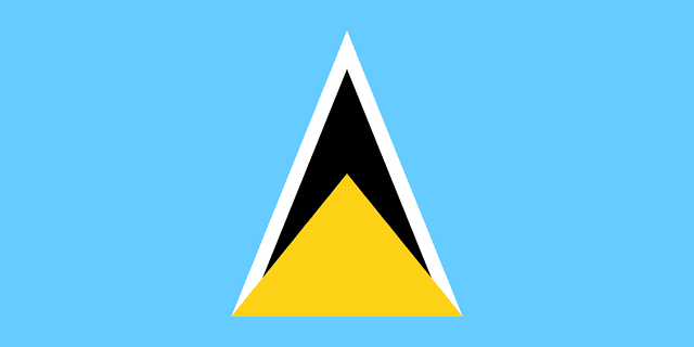The flag of Saint Lucia has a light blue field, at the center of which are two triangles which share a common base — a small golden-yellow isosceles triangle superimposed on a large white-edged black isosceles triangle.