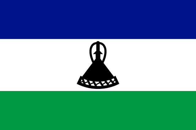 The flag of Lesotho is composed of three horizontal bands of blue, white and green in the ratio of 3:4:3. A black mokorotlo — a Basotho hat — is centered in the white band.
