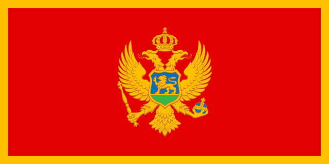 The flag of Montenegro features a large red central rectangular area surrounded by a golden-yellow border. The coat of arms of Montenegro is centered in the red rectangle.