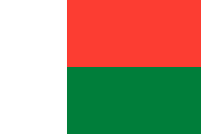 The flag of Madagascar features a white vertical band on the hoist side that takes up about one-third the width of the field, and two equal horizontal bands of red and green adjoining the vertical band.