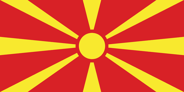 The flag of North Macedonia has a red field, at the center of which is a golden-yellow sun with eight broadening rays that extend to the edges of the field.