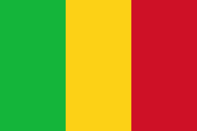 The flag of Mali is composed of three equal vertical bands of green, yellow and red.