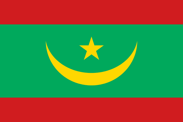The flag of Mauritania has a green field with a thin red horizontal band at the top and bottom of the field. At the center of the field is a five-pointed yellow star above an upward facing yellow crescent.