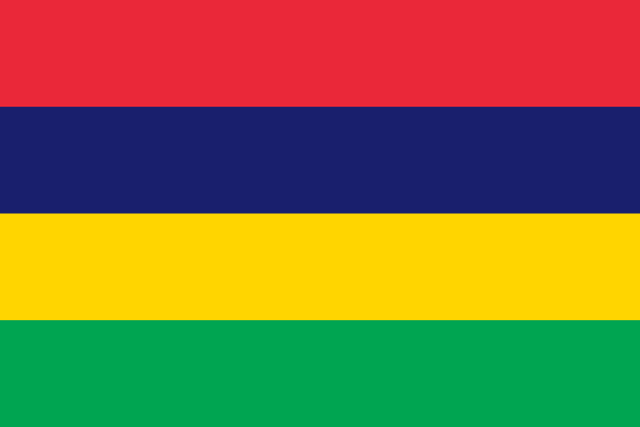 The flag of Mauritius is composed of four equal horizontal bands of red, blue, yellow and green.