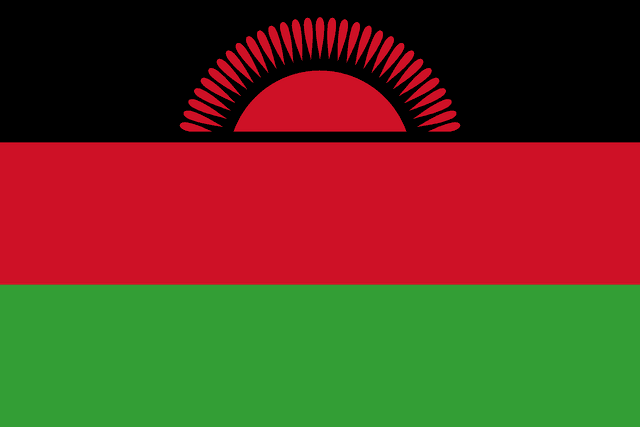 The flag of Malawi is composed of three equal horizontal bands of black, red and green. The top half of a red sun with thirty-one visible rays is centered in the black band.