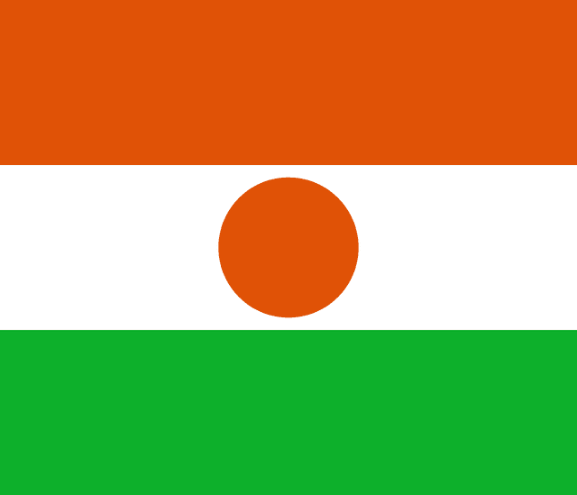 The flag of Niger features three equal horizontal bands of orange, white and green, with an orange circle centered in the white band.