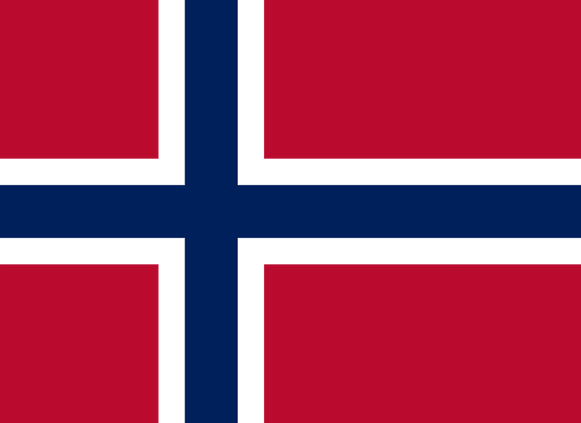 The flag of Norway has a red field with a large white-edged navy blue cross that extends to the edges of the field. The vertical part of this cross is offset towards the hoist side.