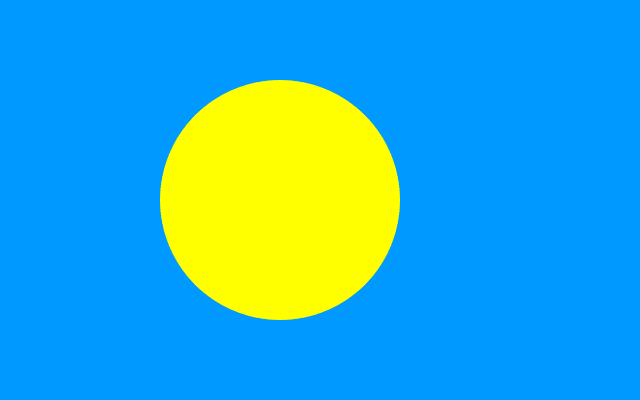 The flag of Palau has a light blue field with a large golden-yellow circle that is offset slightly towards the hoist side of center.