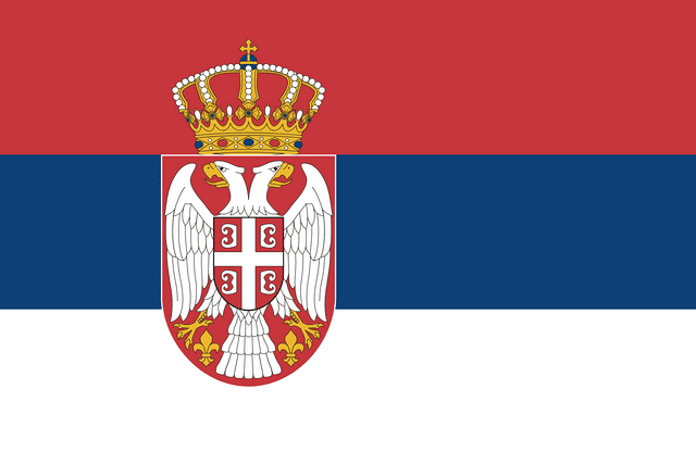 The flag of Serbia is composed of three equal horizontal bands of red, blue and white. The coat of arms of Serbia is superimposed at the center of the field slightly towards the hoist side.
